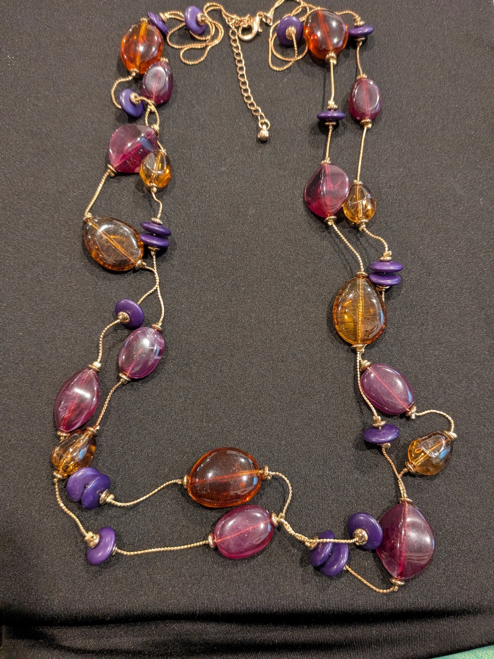 Colorful Glass Bead Long Necklace - Purple & Amber